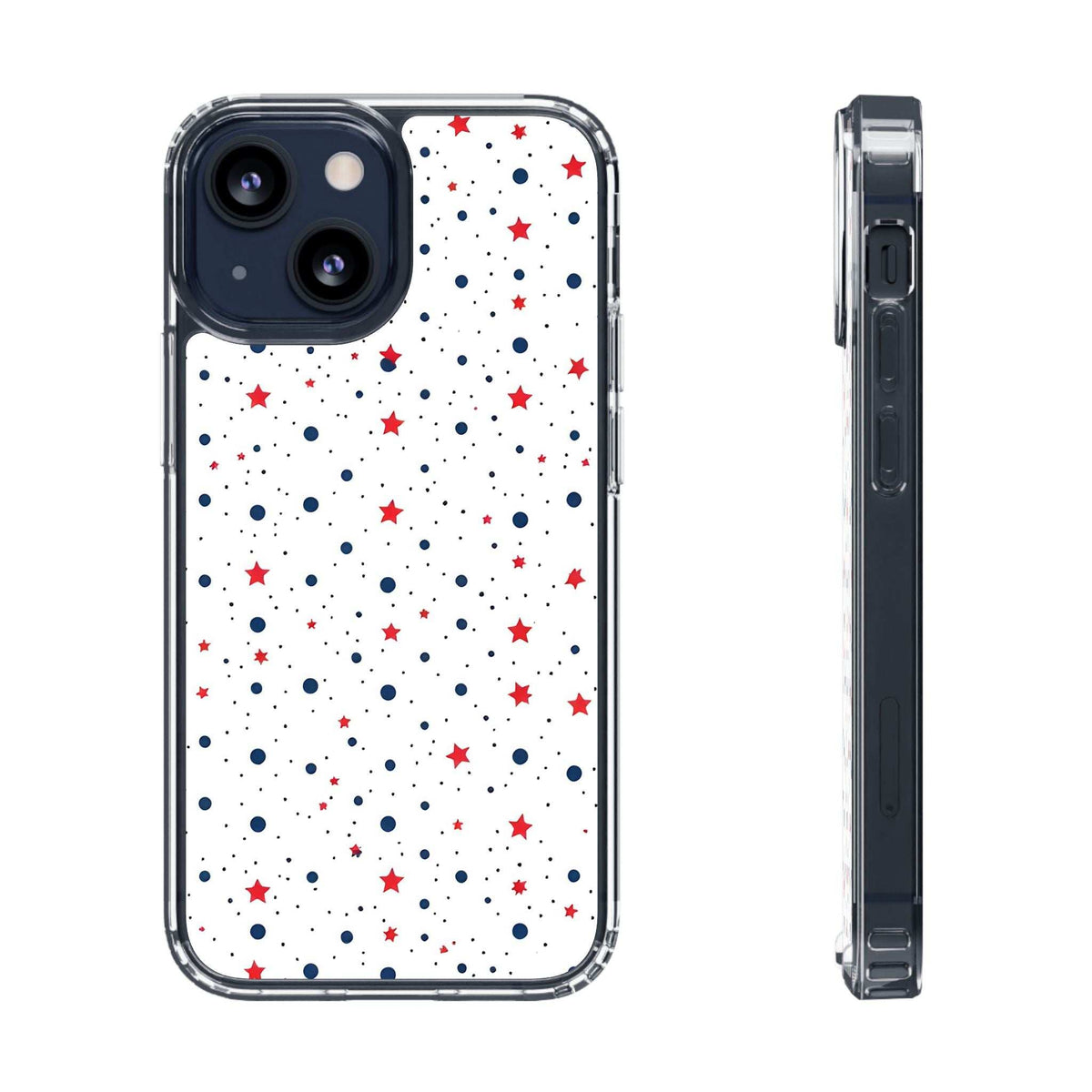 Clear phone case with white background, red stars and blue dots; shows side profile