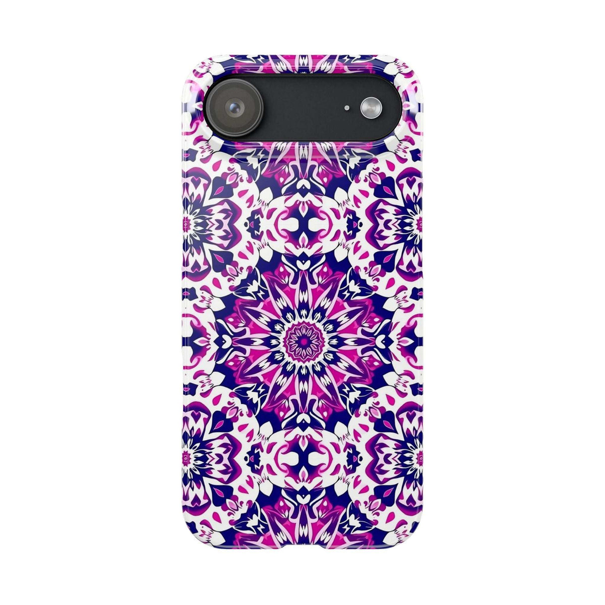 Phone case with purple and pink mandala floral print, showing top camera area.