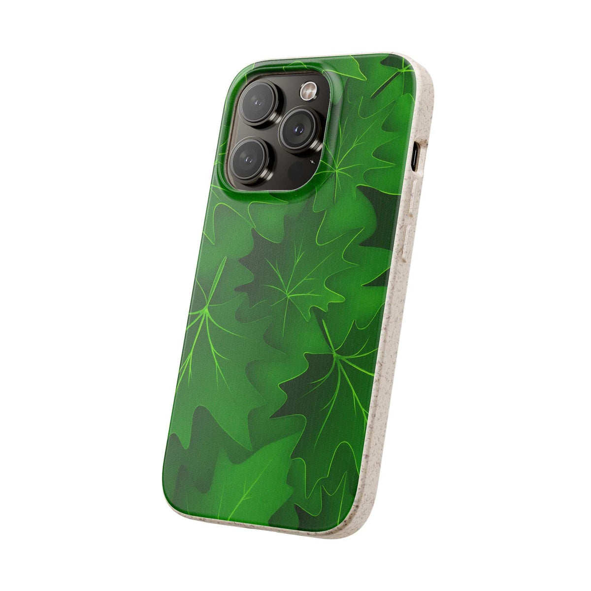 Green botanical leaf phone case with triple-camera cutout and speckled beige sides
