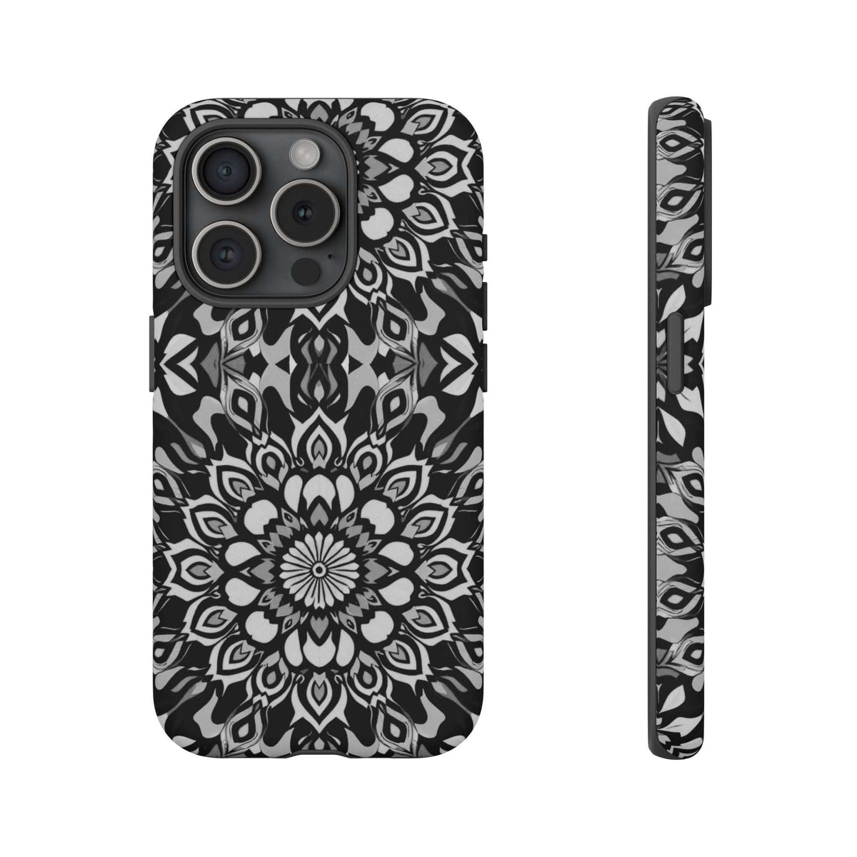 Black and white mandala phone case with camera cutouts; side profile shown
