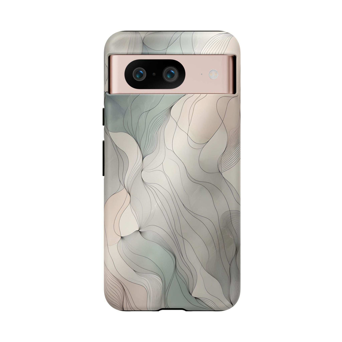 Pastel wave phone case close-up with cream, teal, and gray abstract wave design