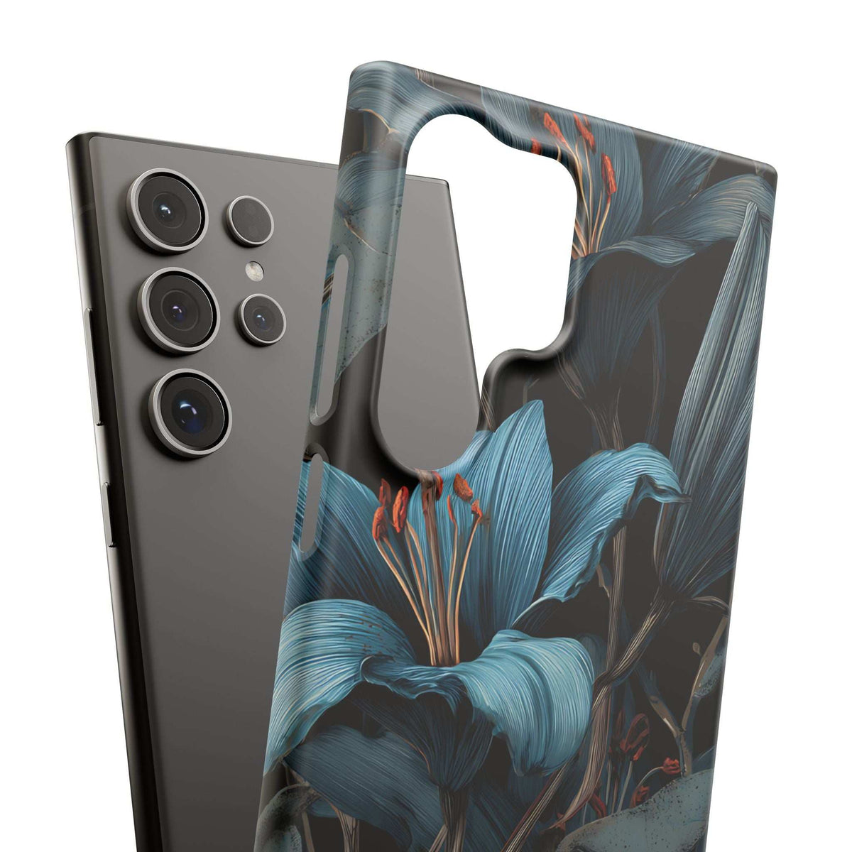 Phone case with blue lily floral print, front opening and rear camera lens cutouts