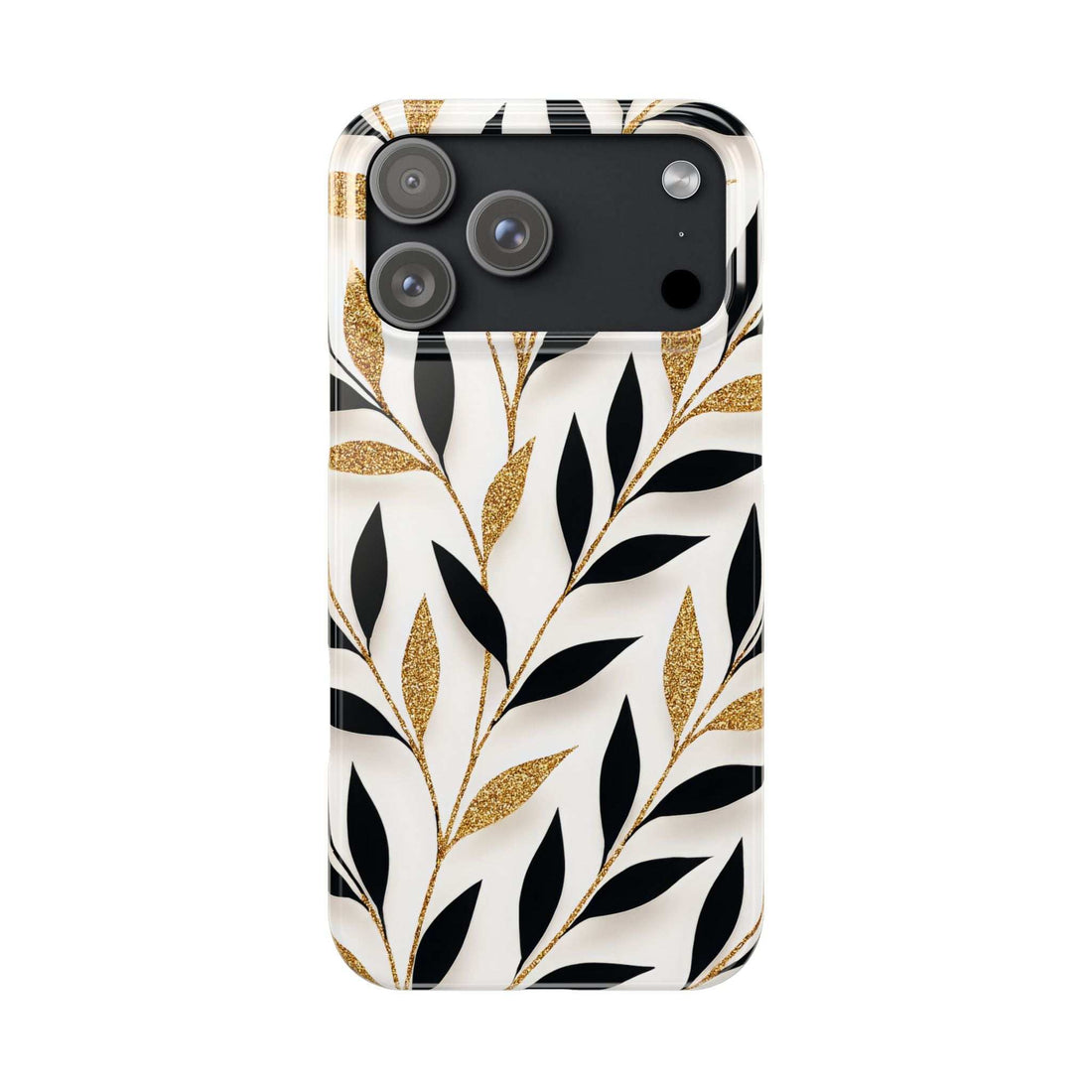 iPhone phone case with white base, black leaves, and gold glitter leaf accents; camera lenses