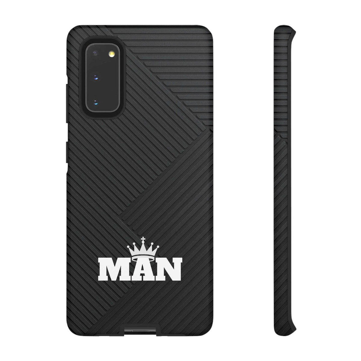 Black MAN logo phone case with textured diagonal ridges and cutout openings