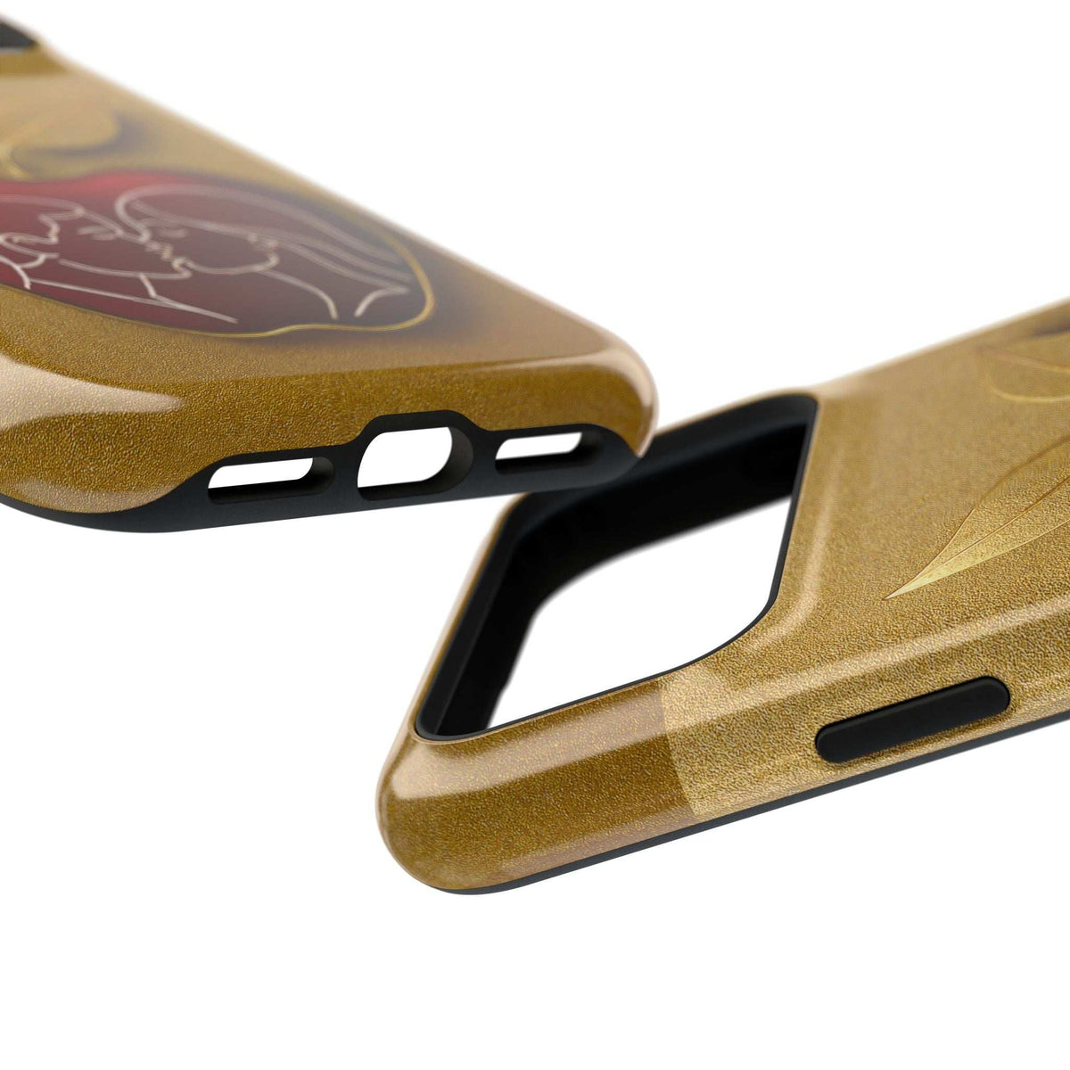 Gold glitter case with red heart couple and apple leaves; bottom port openings visible