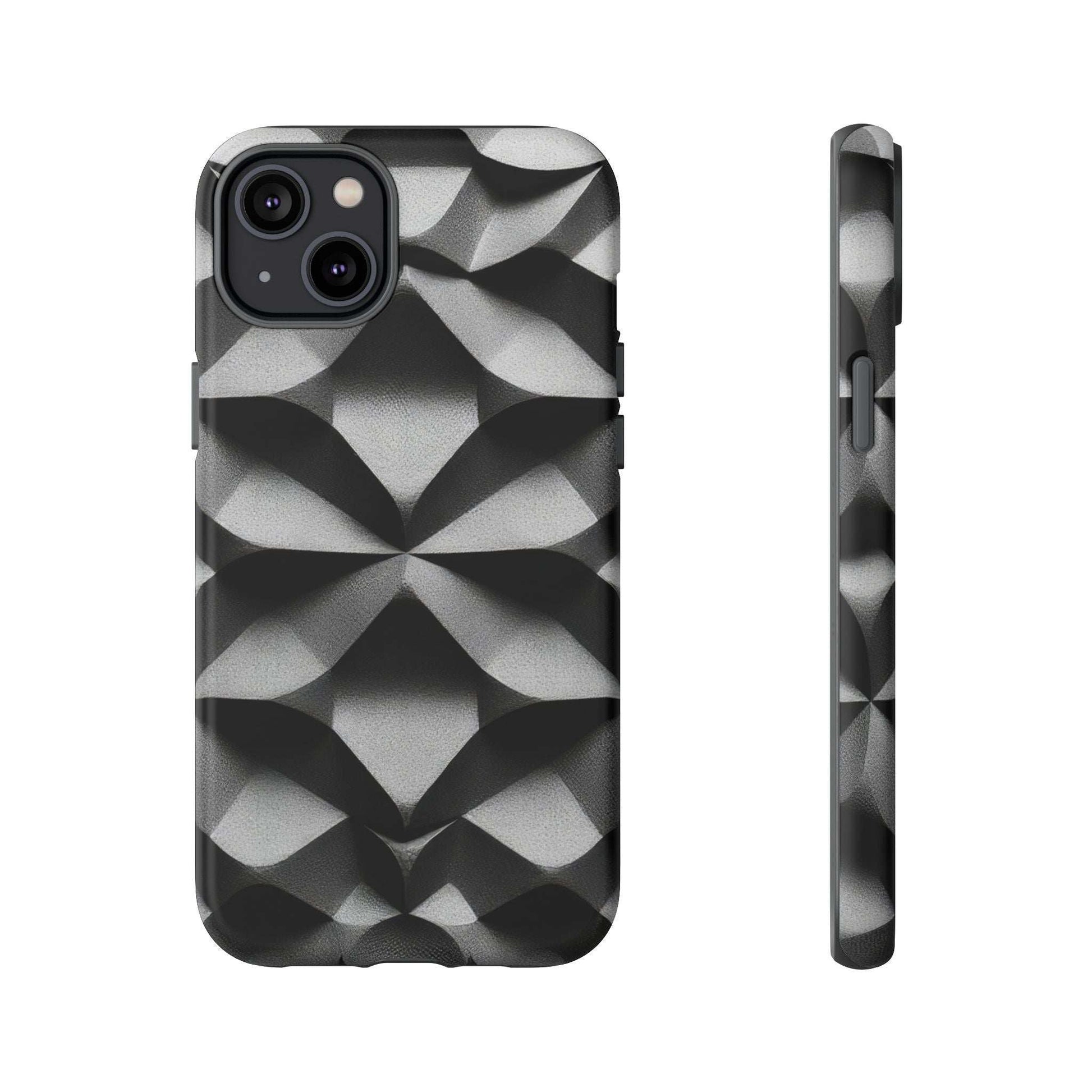 Tough phone case with black-and-gray geometric cube pattern, dual camera cutout and side protection