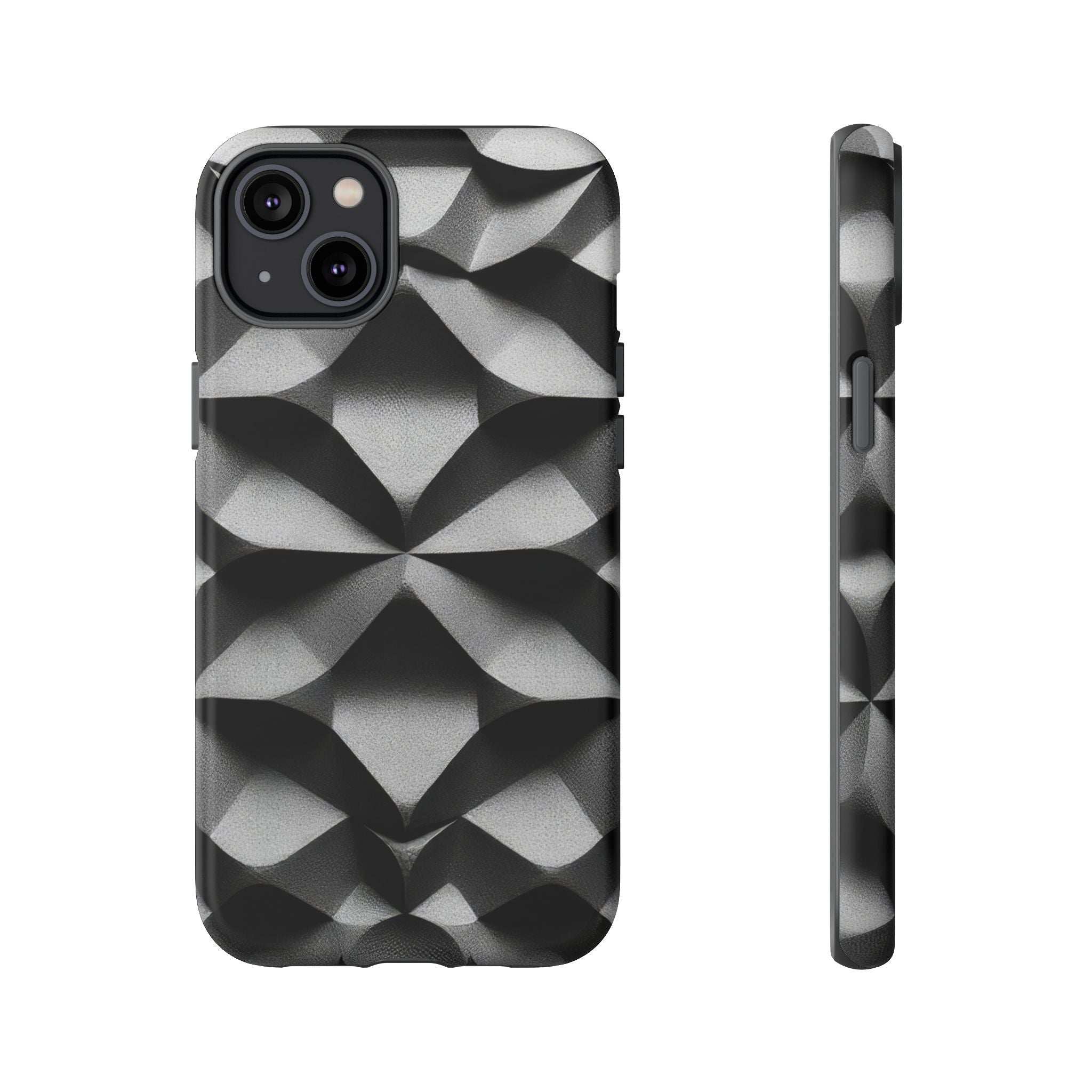 Tough phone case with black-and-gray geometric cube pattern, dual camera cutout and side protection