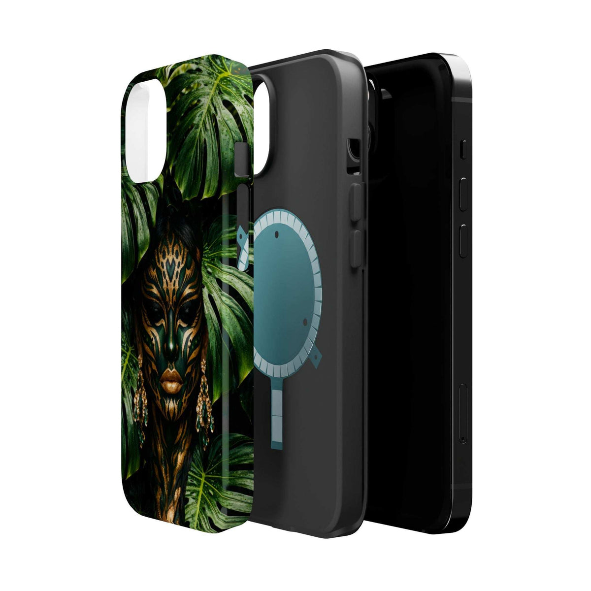 Phone case with jungle lion face, green leaves, and light-blue handprint; camera cutout