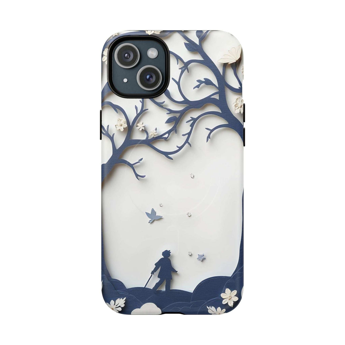 Phone case with blue silhouette character, flying birds, and sparkly dots on the back