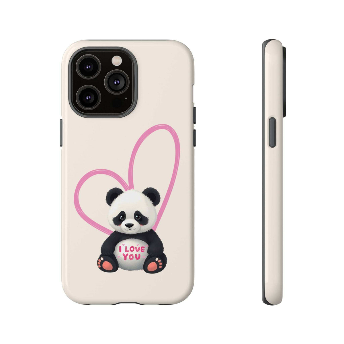 Beige phone case with panda in pink heart, 'I LOVE YOU' on shirt; triple camera cutouts.