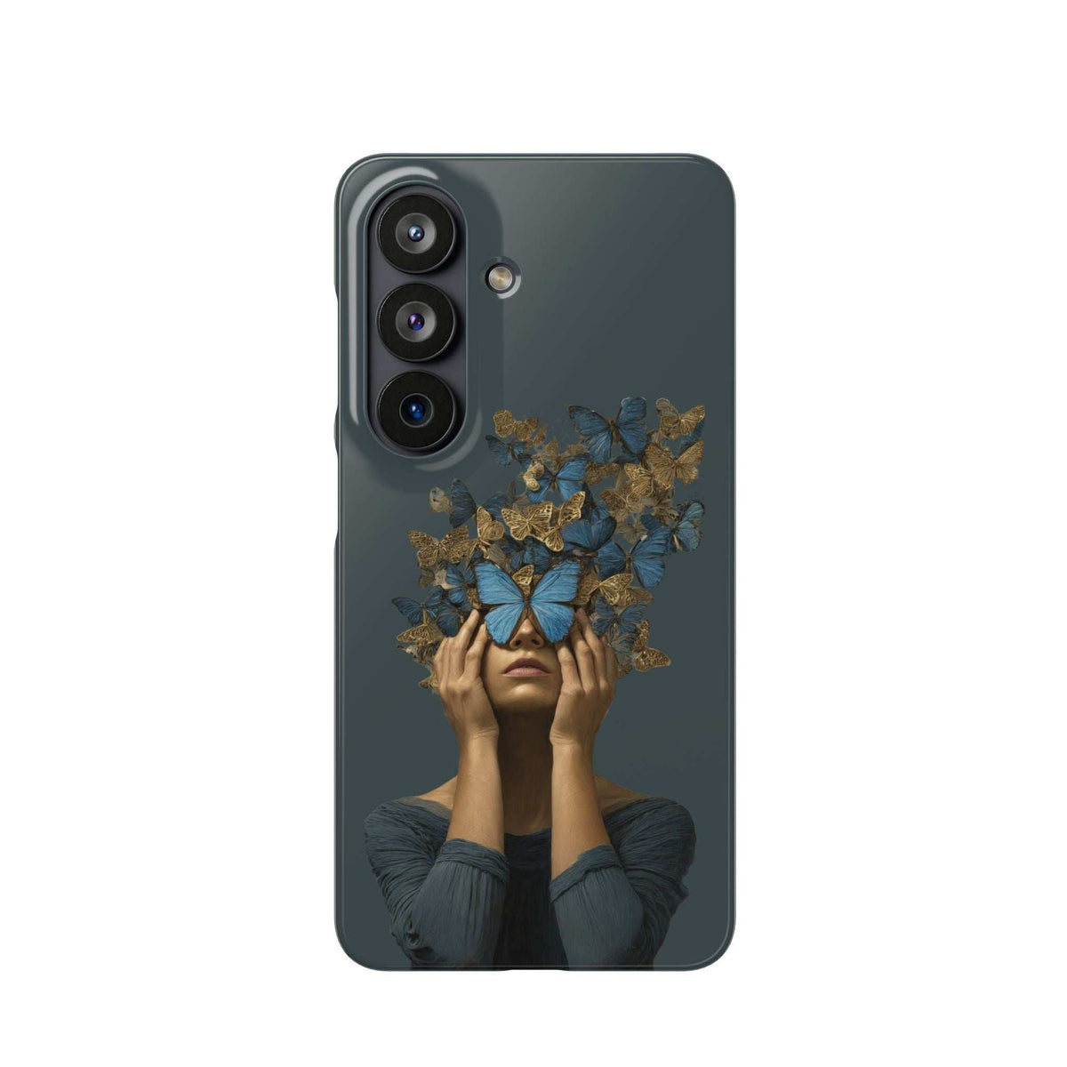 Dark gray phone case showing woman with butterflies artwork and raised camera openings