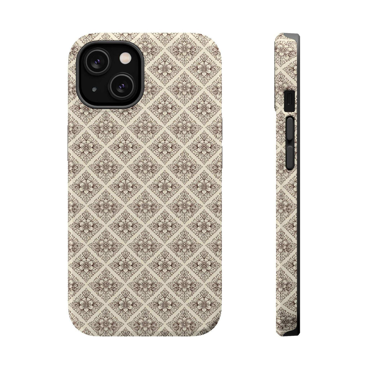 Beige ornate patterned phone case front view with camera cutout and side port openings