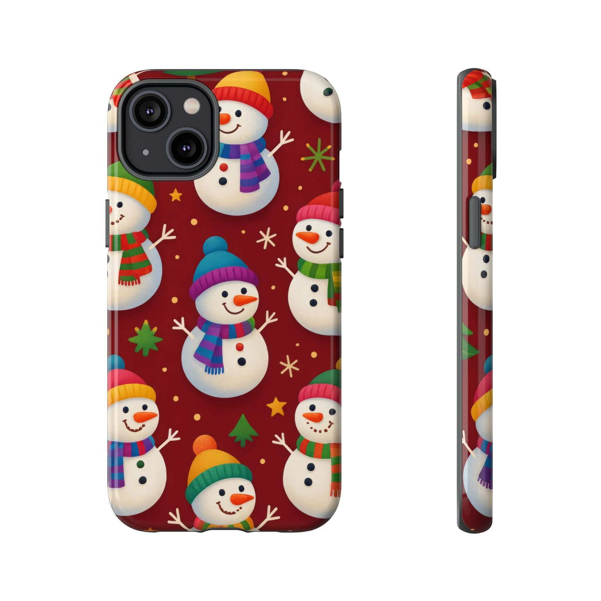 Glossy phone case with cute snowmen and stars; camera cutouts and side button access.