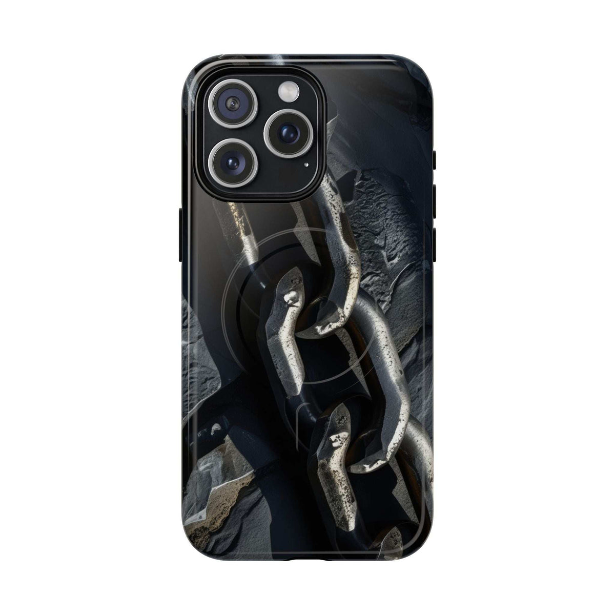 Black rugged magnetic phone case with iron chain pattern and camera window