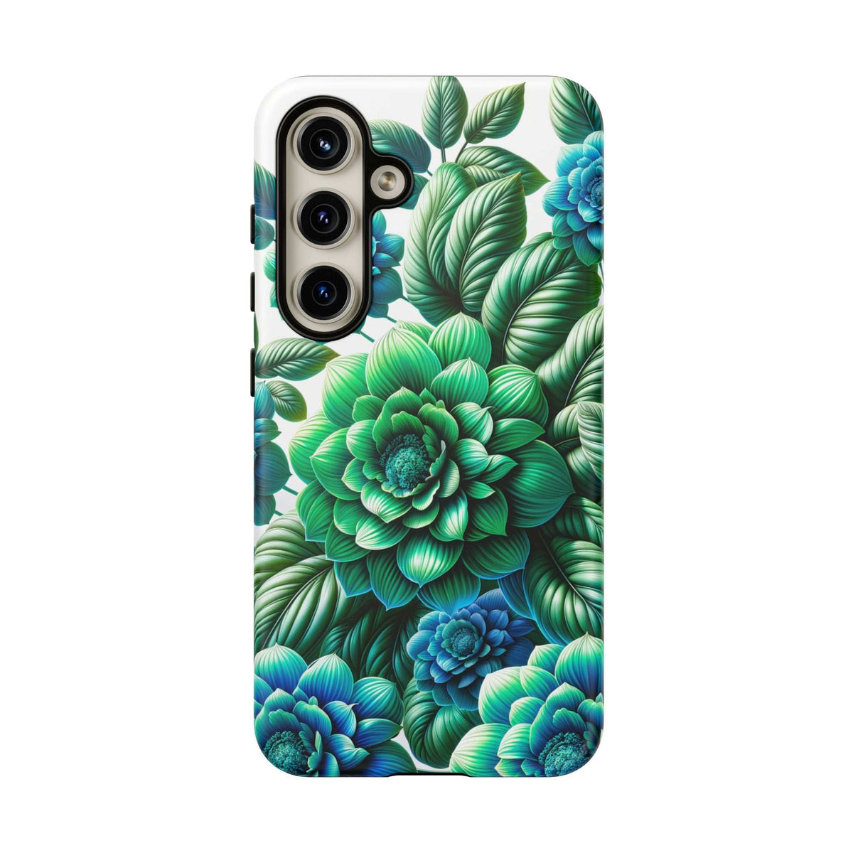Floral phone case with green and blue peonies and leaf pattern, raised camera cutouts