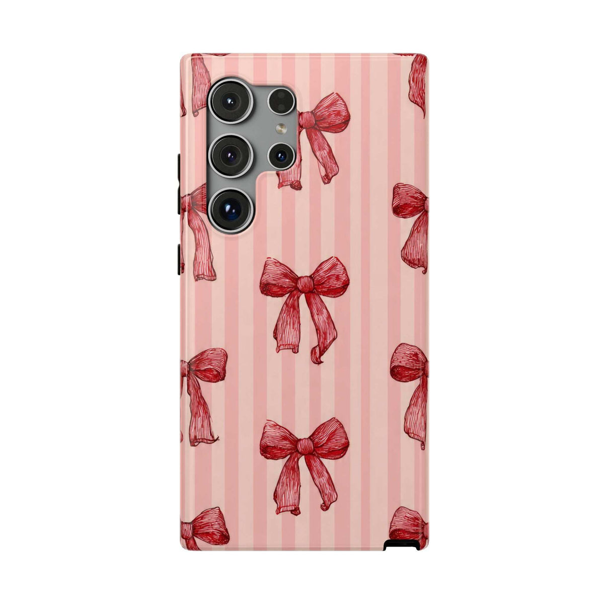 Pink phone case with red bow stripe pattern; four camera cutouts and side cutouts