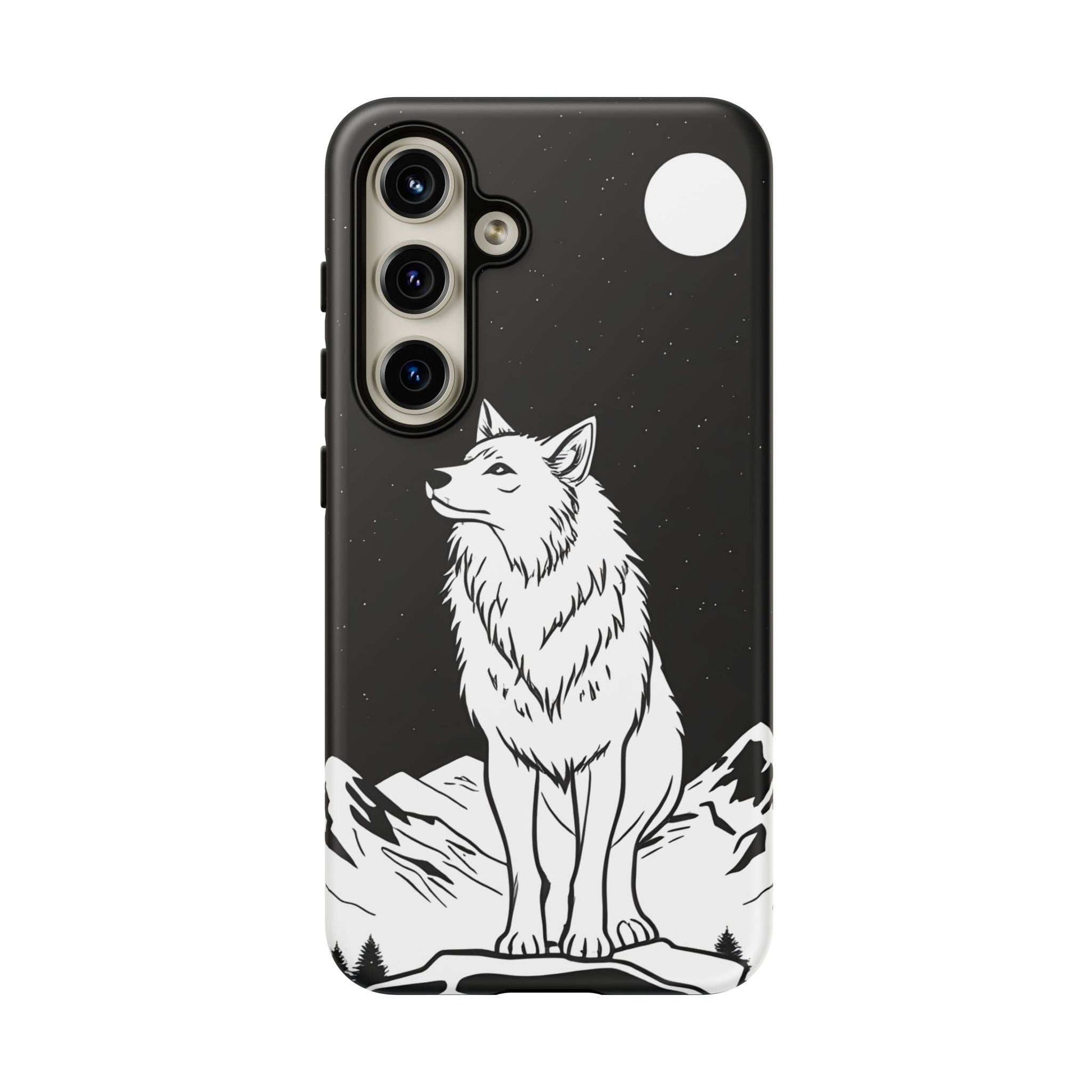 Black phone case featuring a wolf illustration with camera cutouts and top dot accent