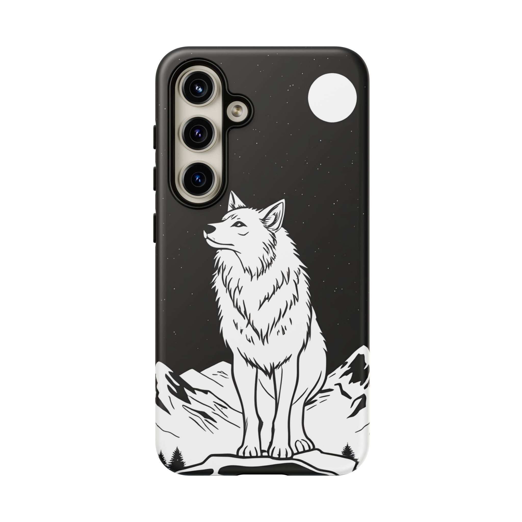 Black phone case featuring a wolf illustration with camera cutouts and top dot accent