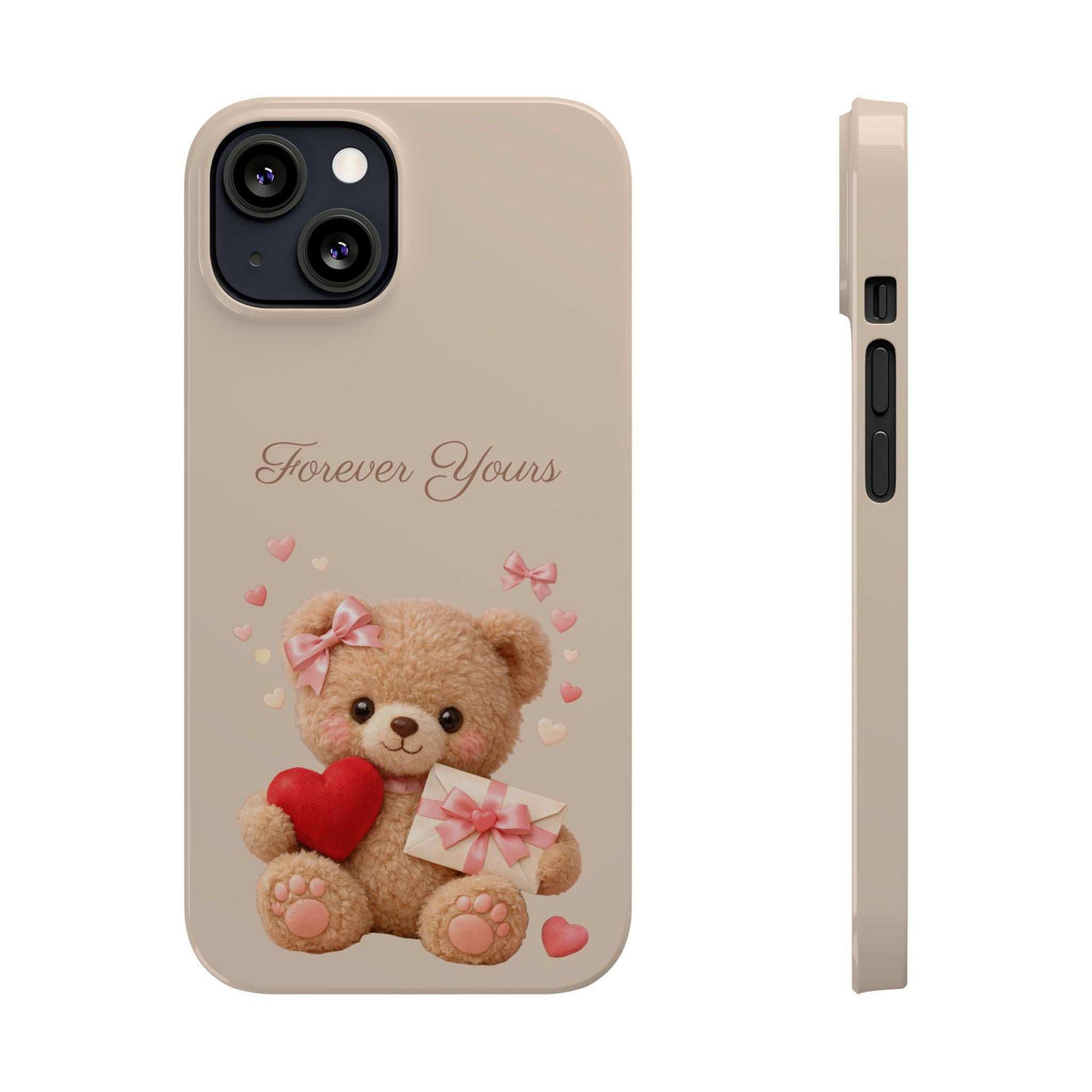 Beige phone case with teddy bear, red heart, and pink gift details; side buttons view