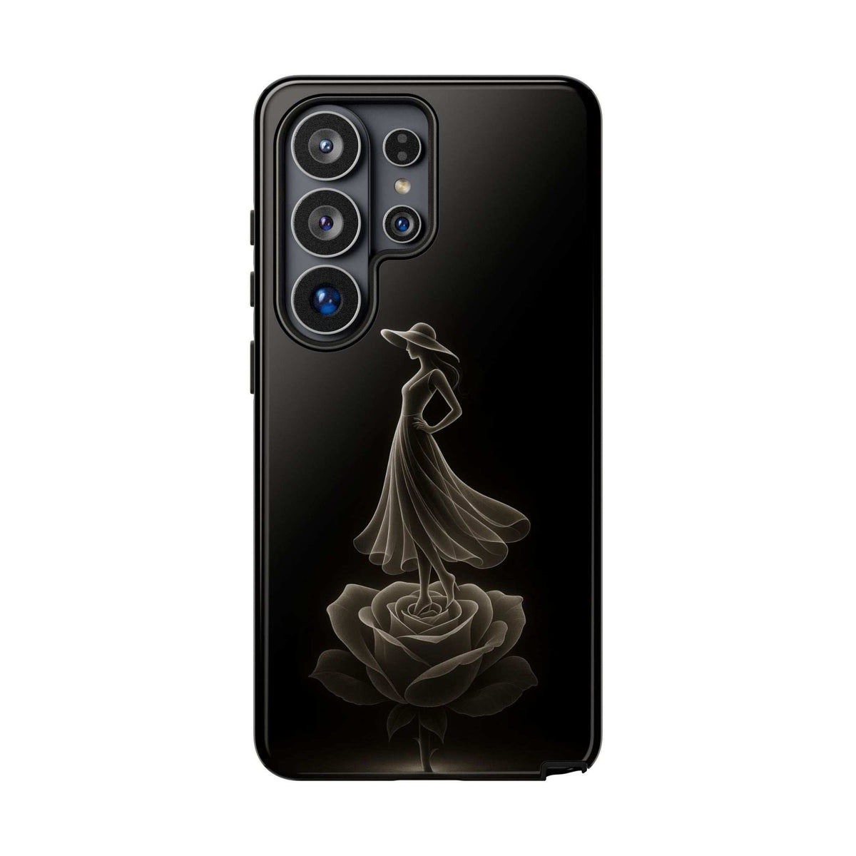 Glossy black phone case with ballet dancer and rose motif, full back view.