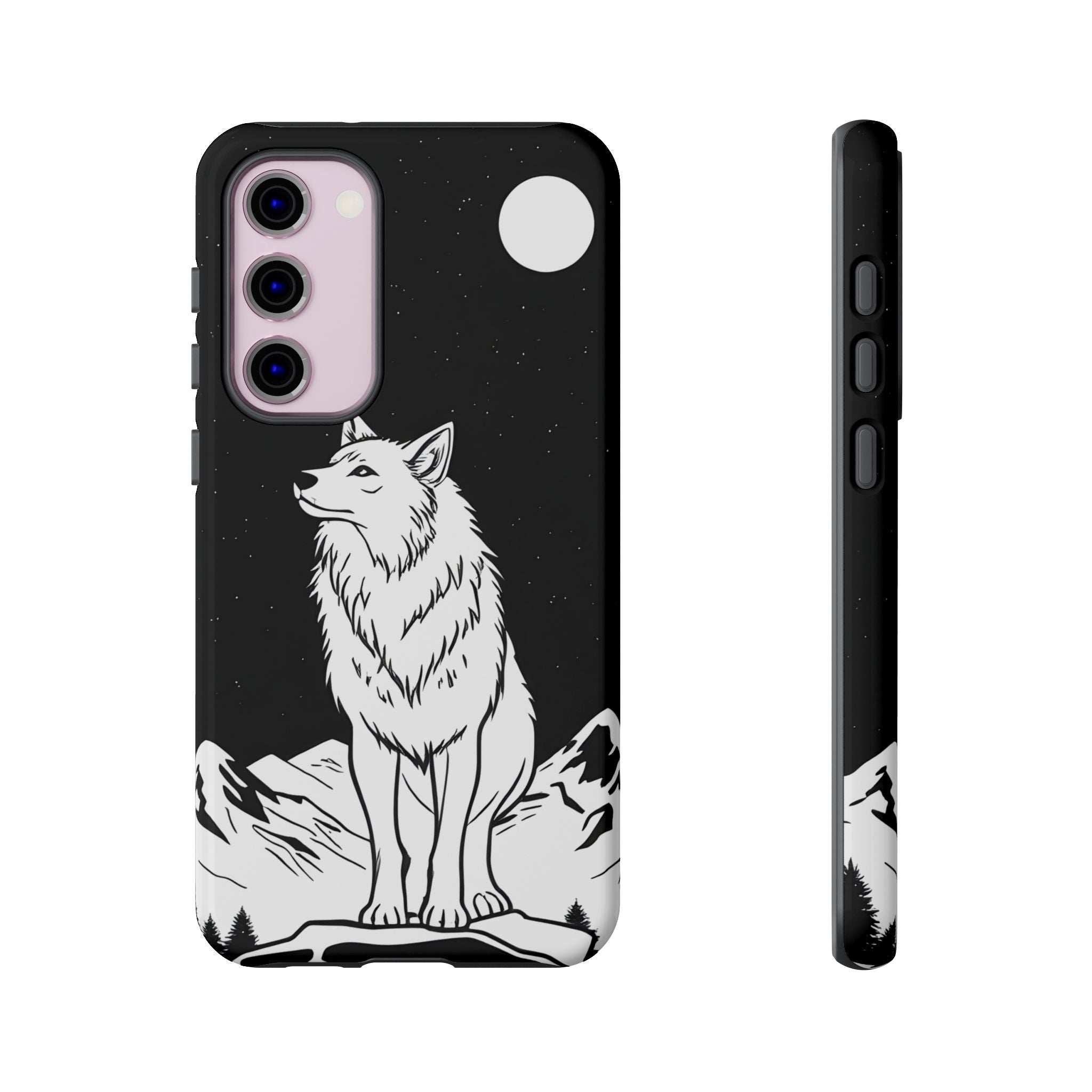 Black phone case with white wolf graphic, moon mark, and dual rear camera cutouts.