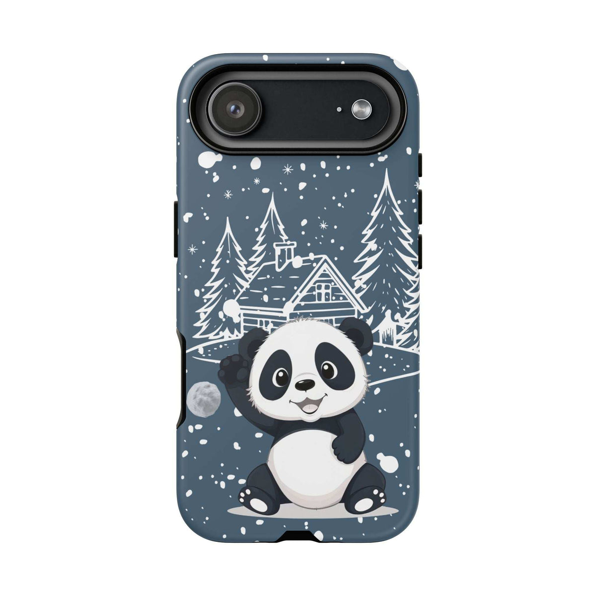 Dark blue iPhone phone case with winter panda illustration, wide camera strip and pine trees