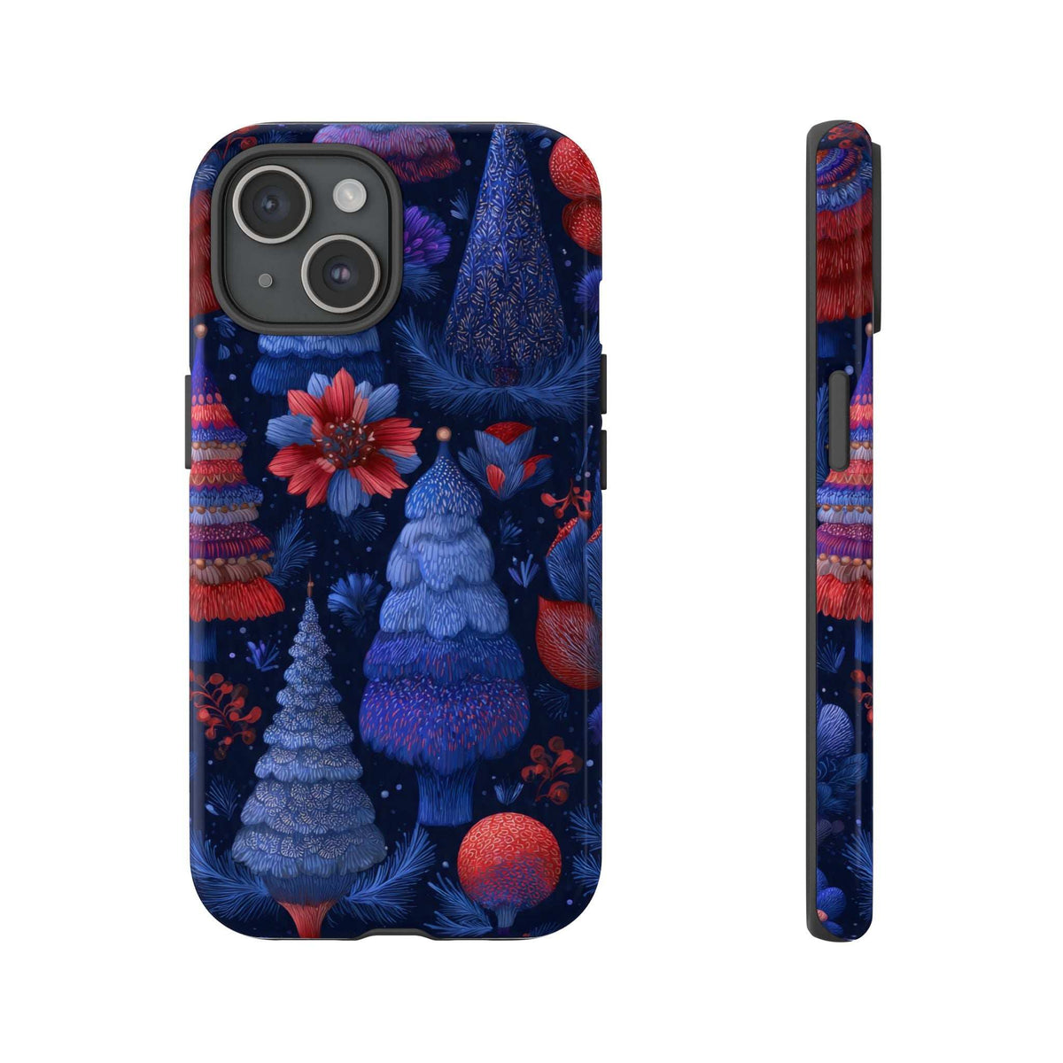 Phone case with dark blue winter forest artwork and red ornaments; camera cutout visible