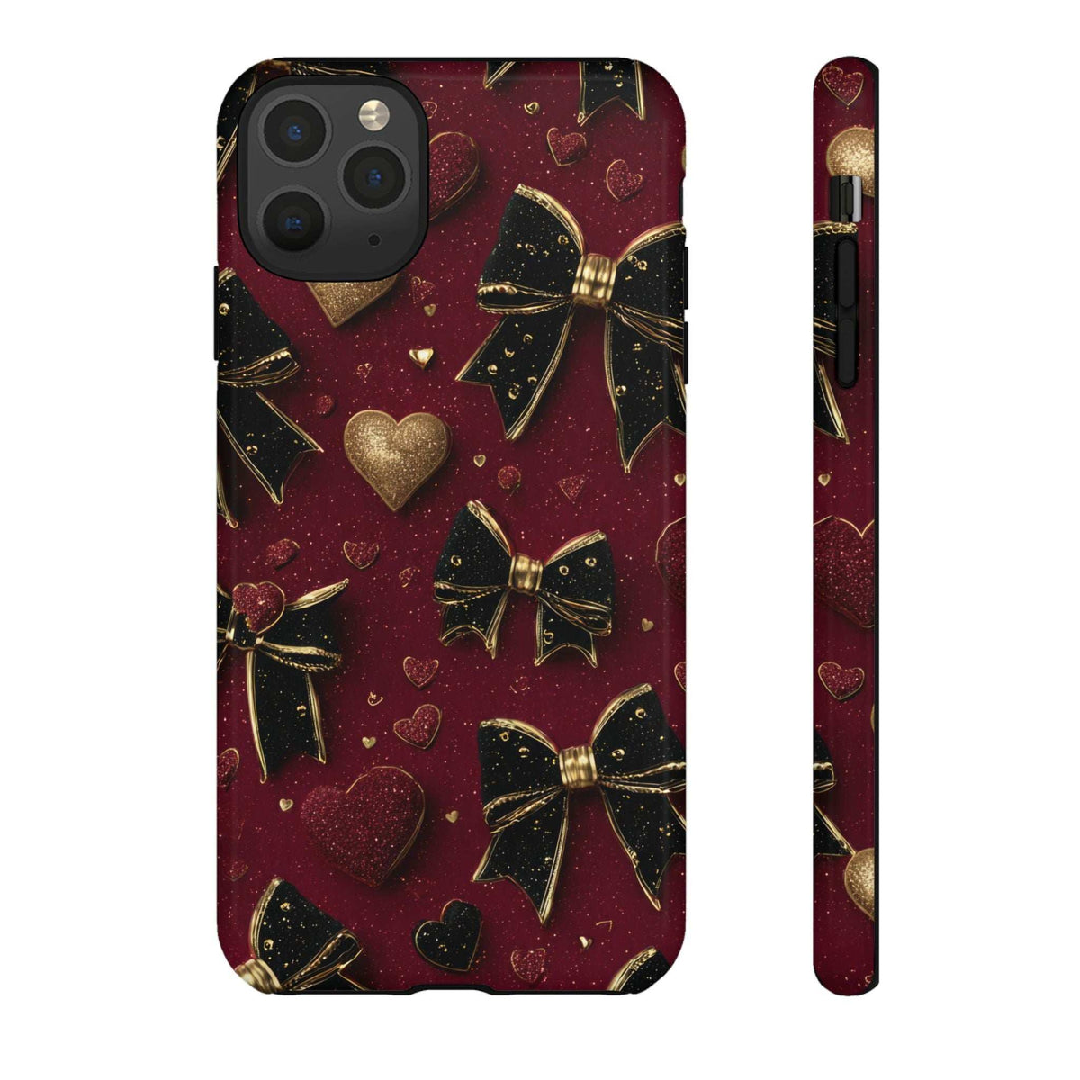 Maroon glossy phone case with gold hearts and bows pattern, front view with camera cutout.