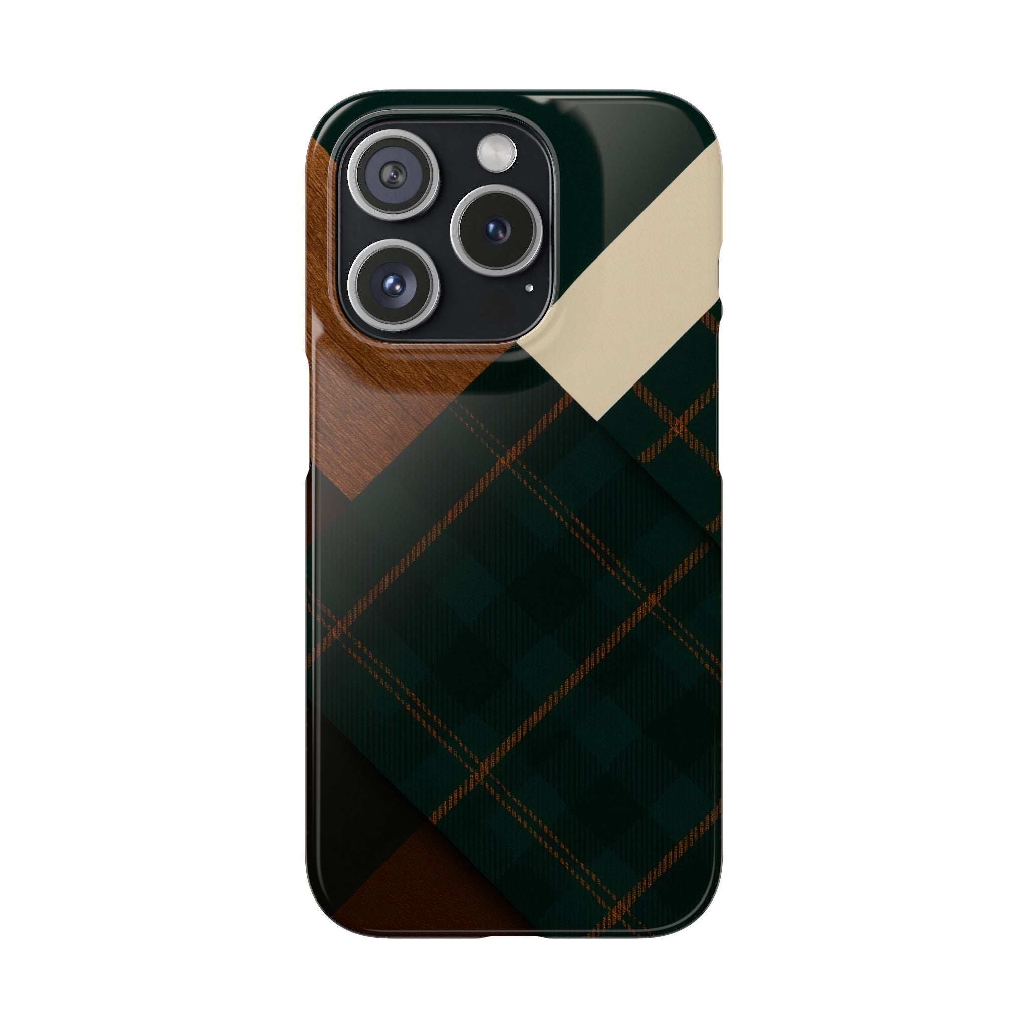 Green plaid phone case with wood look upper panel, diagonal cream patch, three-lens camera opening.