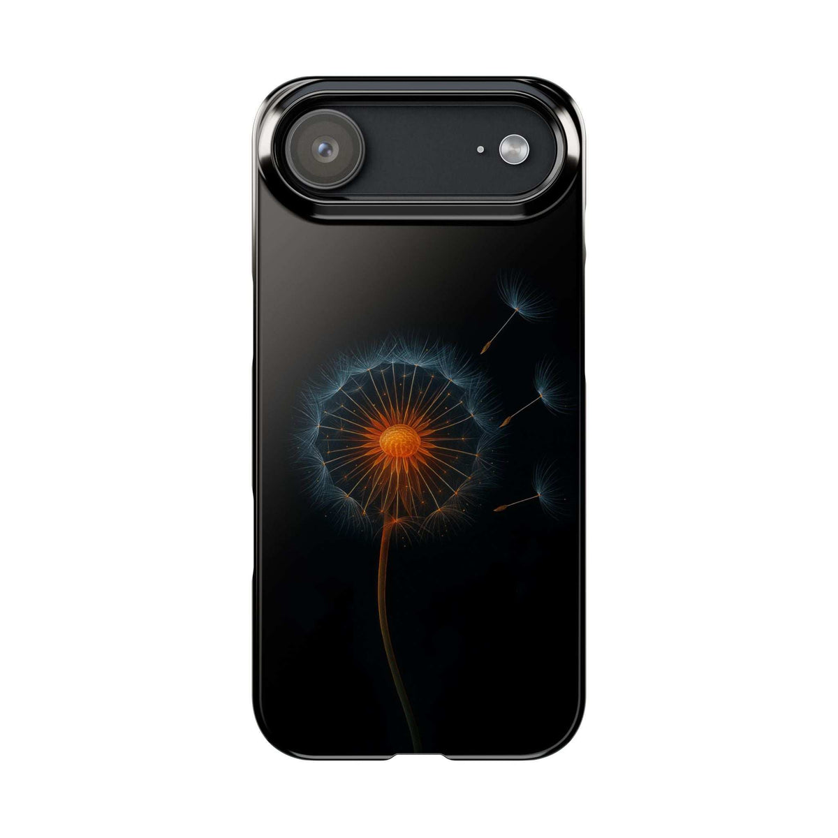 Black iPhone case with orange glowing dandelion flower and blue halo highlights