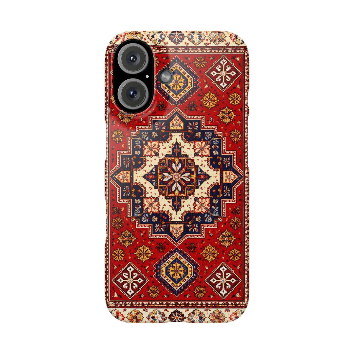 Phone case with red and blue carpet medallion pattern; front cameras and no-side view
