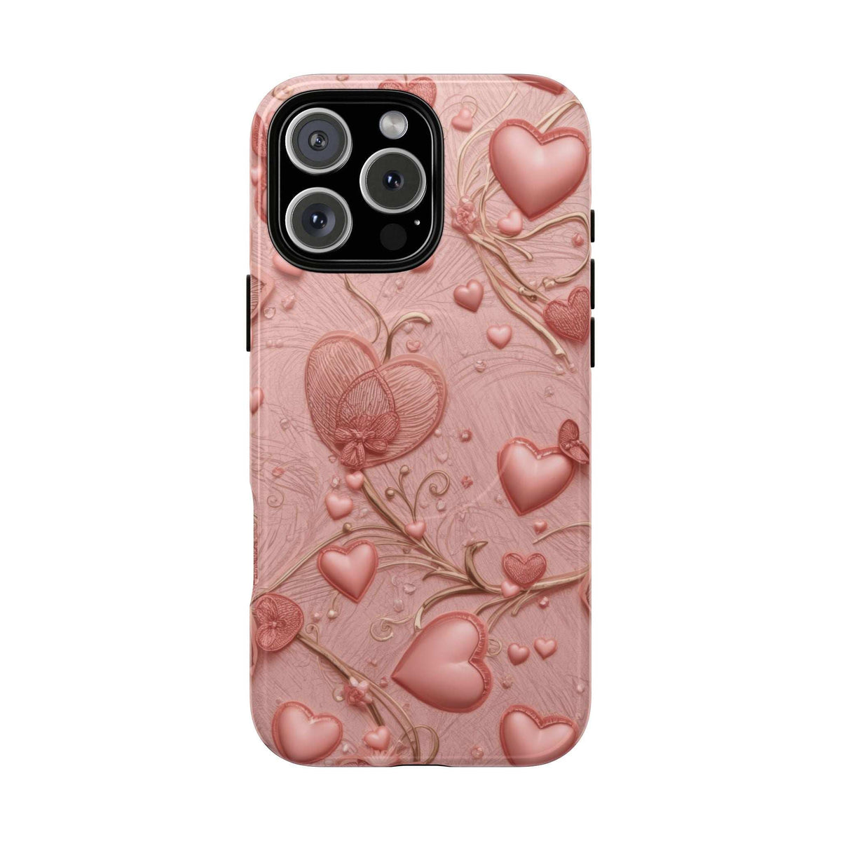 Pink phone case with raised heart pattern and floral swirls, with camera cutout