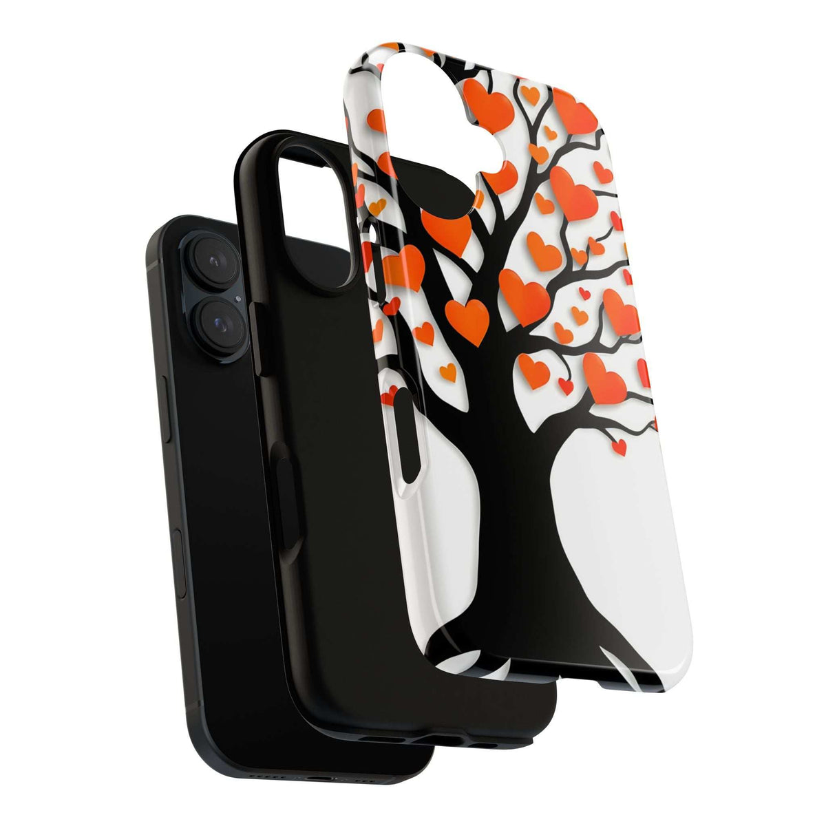 Phone case showing heart tree pattern: orange hearts on white with black trunk and branches