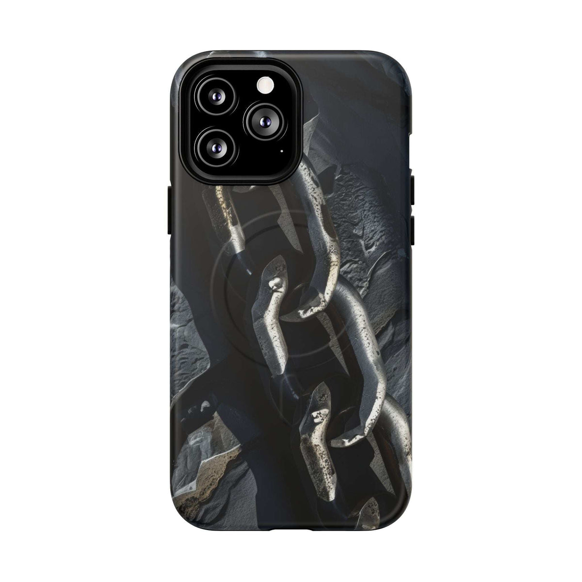 Black tough phone case with chain-link pattern and textured surface, camera cutouts