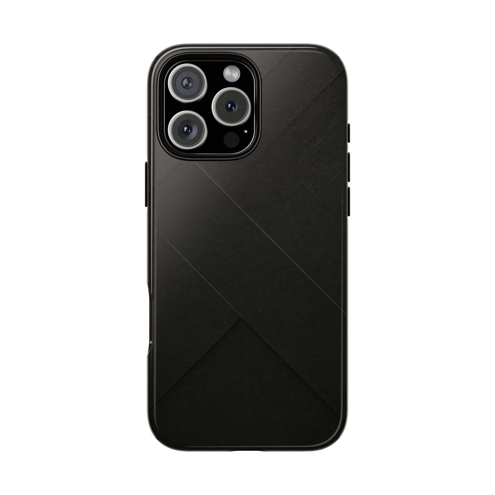 Matte black phone case with diagonal geometric pattern, side buttons and camera openings
