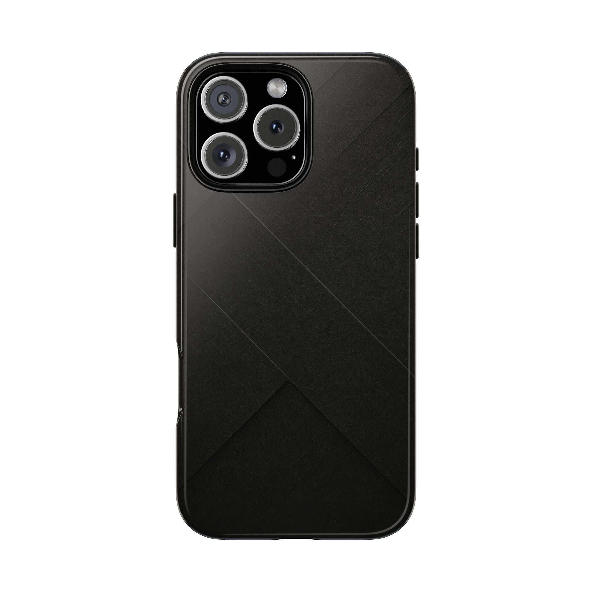 Matte black phone case with diagonal geometric pattern, side buttons and camera openings