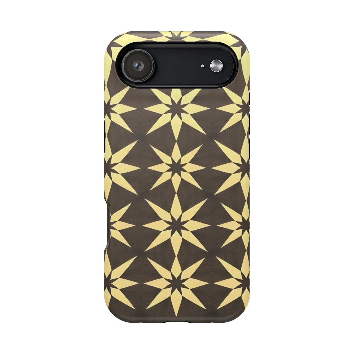 Phone case back with gold and black star geometric pattern, camera lenses and flash accents
