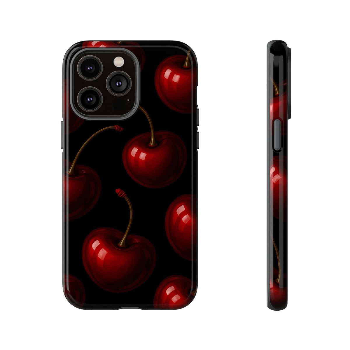 Glossy phone case with red cherry pattern on black, camera module cutouts and raised bezel