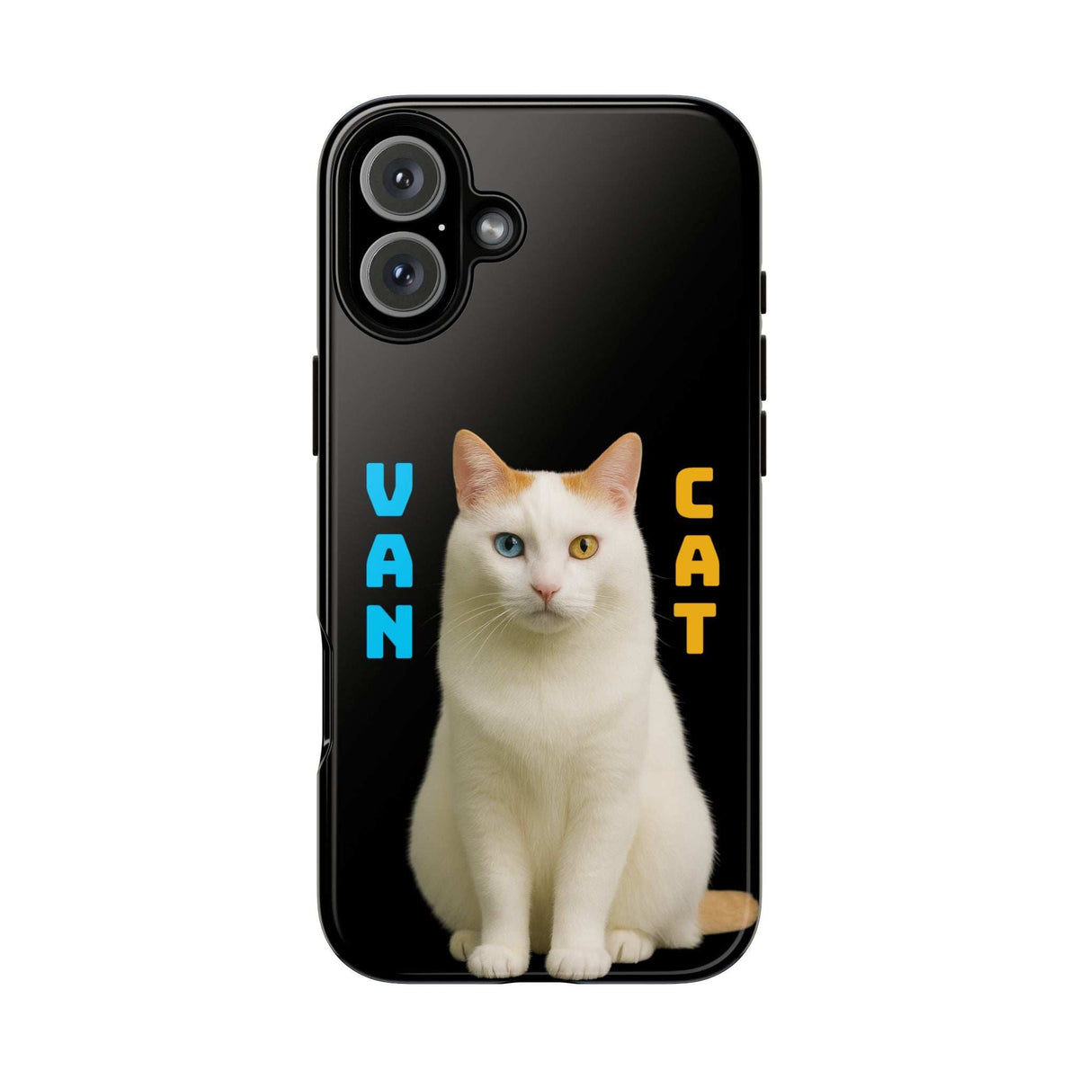 Glossy black phone case featuring a white cat graphic with cyan and yellow lettering (front).