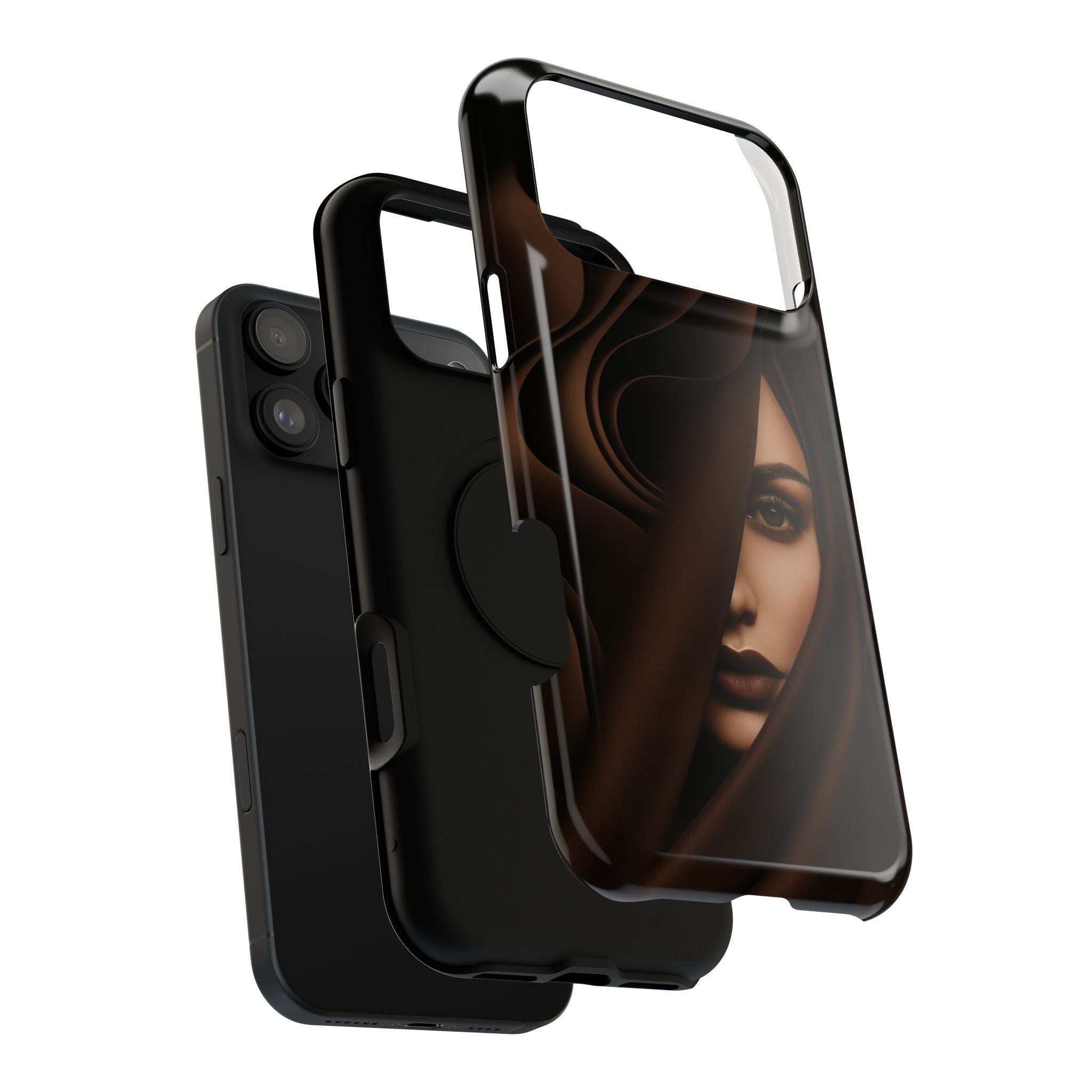 Black phone case with moody woman portrait plus clear screen protector