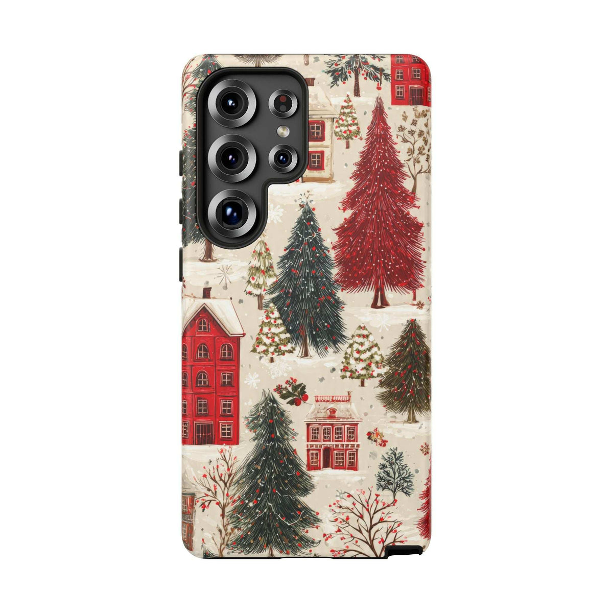 Winter village phone case with red square houses and snowy evergreen trees; side camera cut