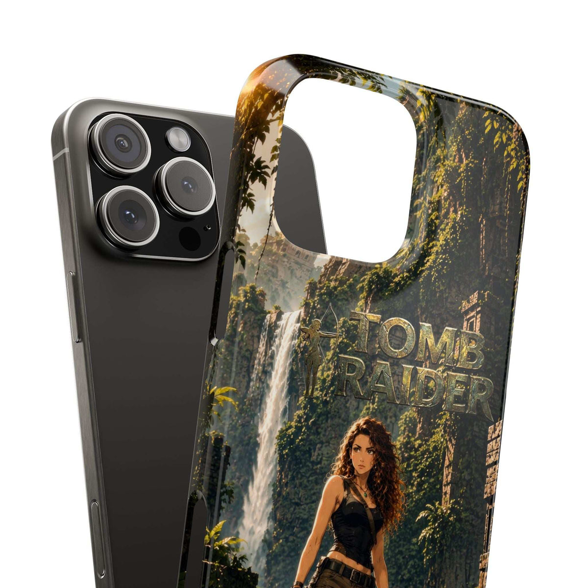 Tomb Raider iPhone 11–17 case with jungle waterfall print and large camera cutouts