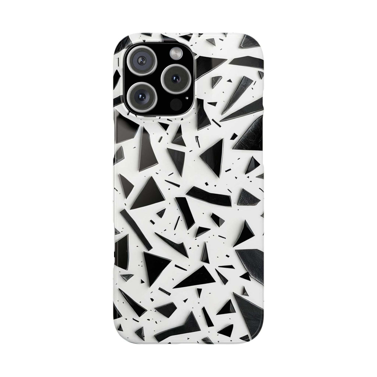 Slim iPhone phone case showing white abstract geometric pattern with black sections and camera cutouts.