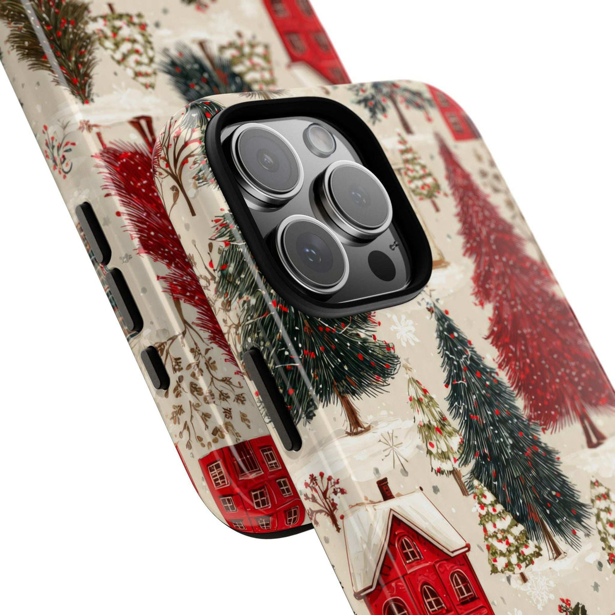 Winter village phone case angled view, showing raised camera rings and side openings