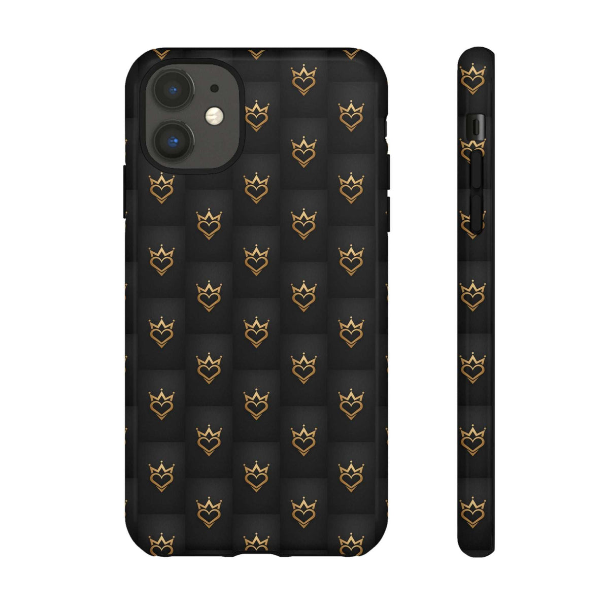 Black phone case with gold crown and heart doodles, angled back view and side edge