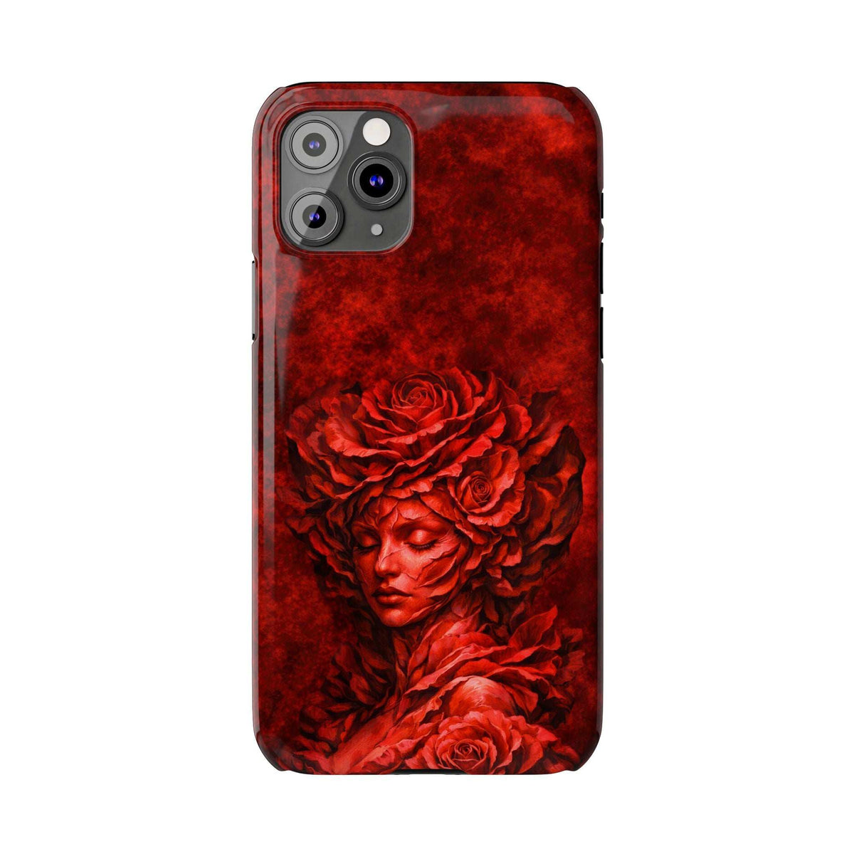 Slim phone case with red rose and angel-face illustration, camera lenses visible