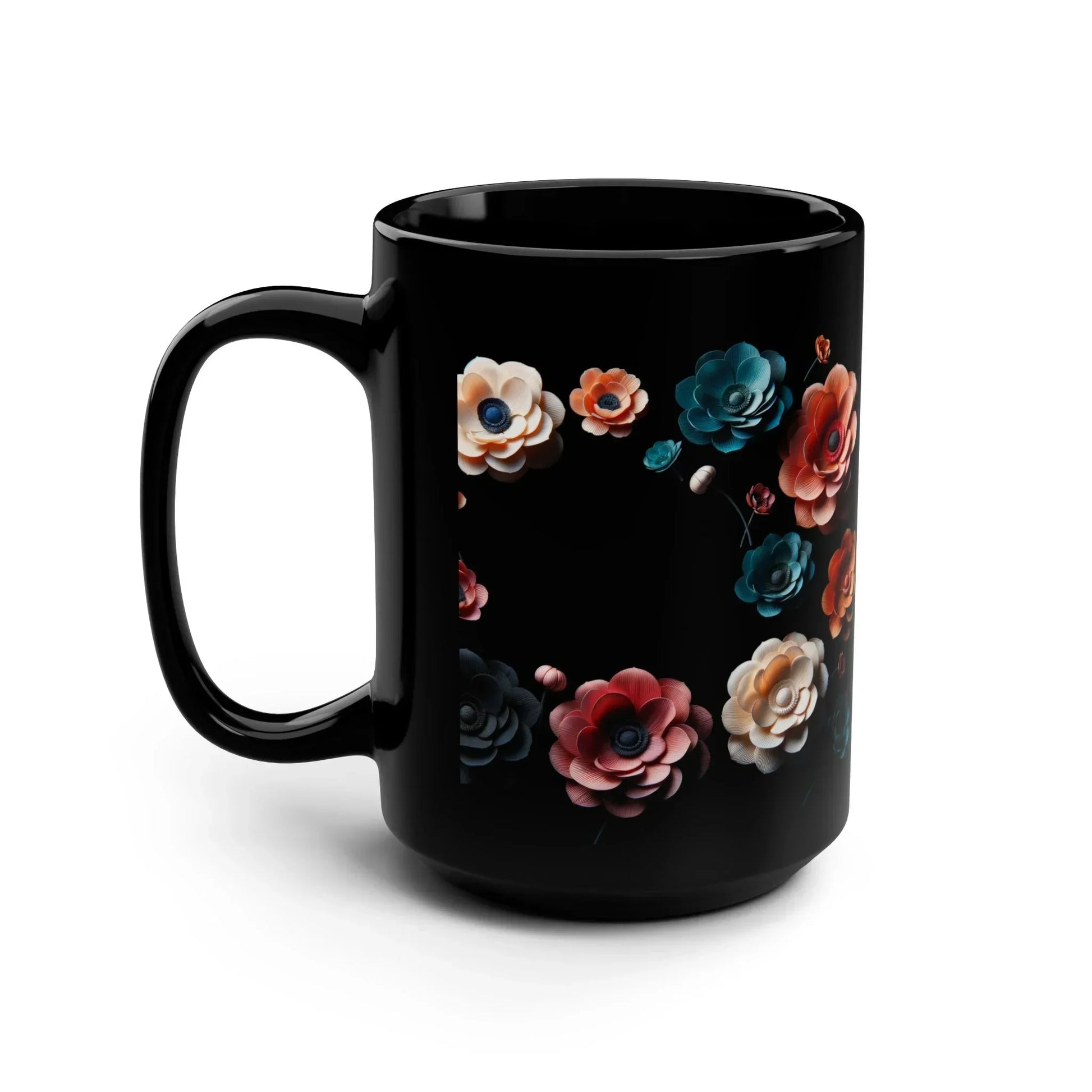 Midnight Bloom – Elegant Black Ceramic Floral Mug - 15oz - KarArmDesign