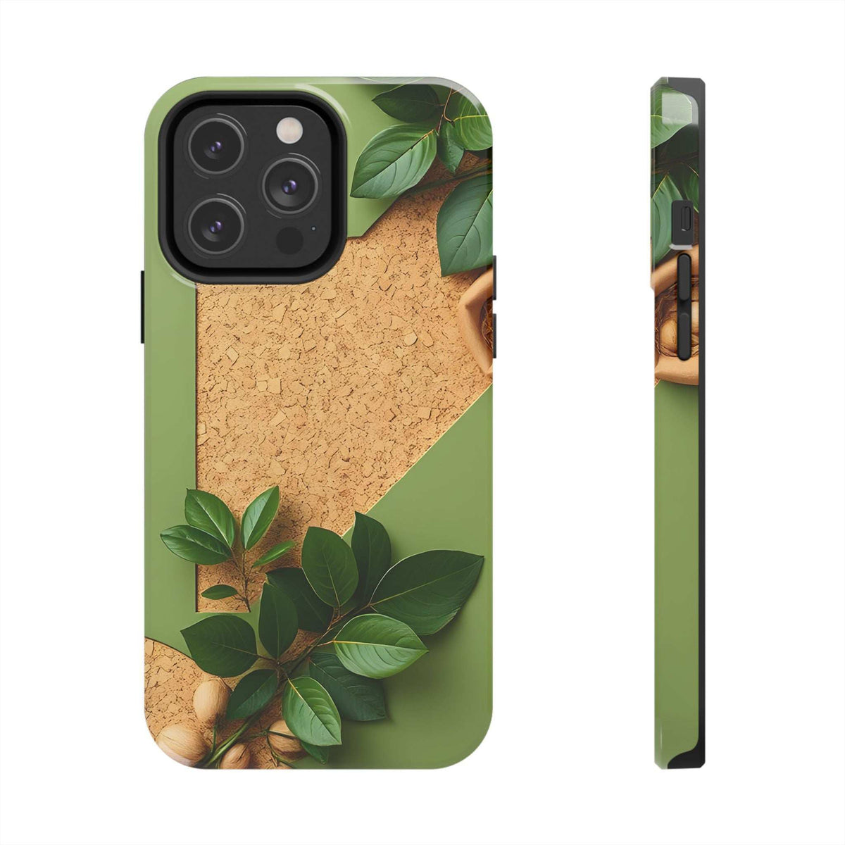 Green eco phone case with cork-look back and leaf design, plus side profile