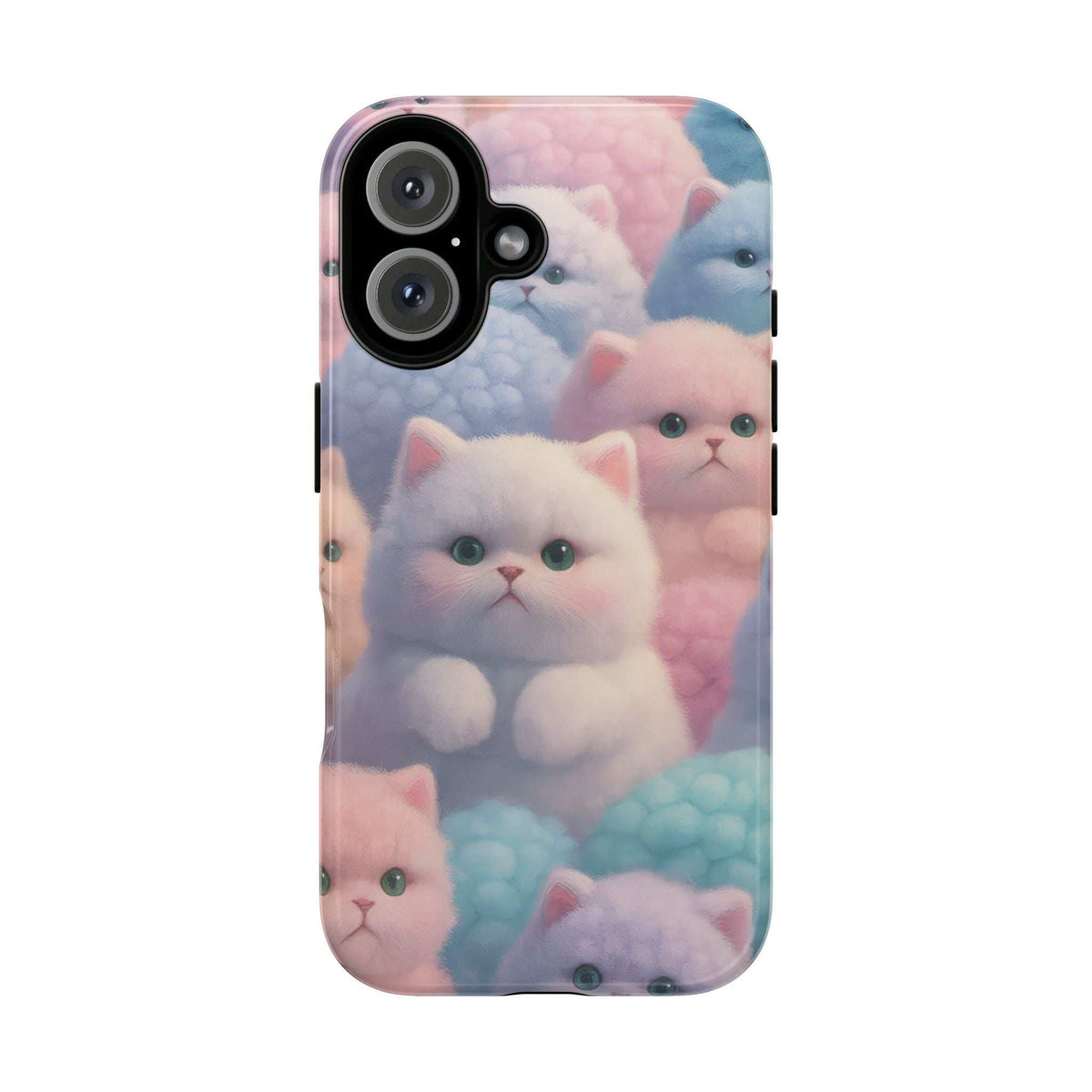 Glossy phone case front view showing pastel cats and blue fish, camera cutouts