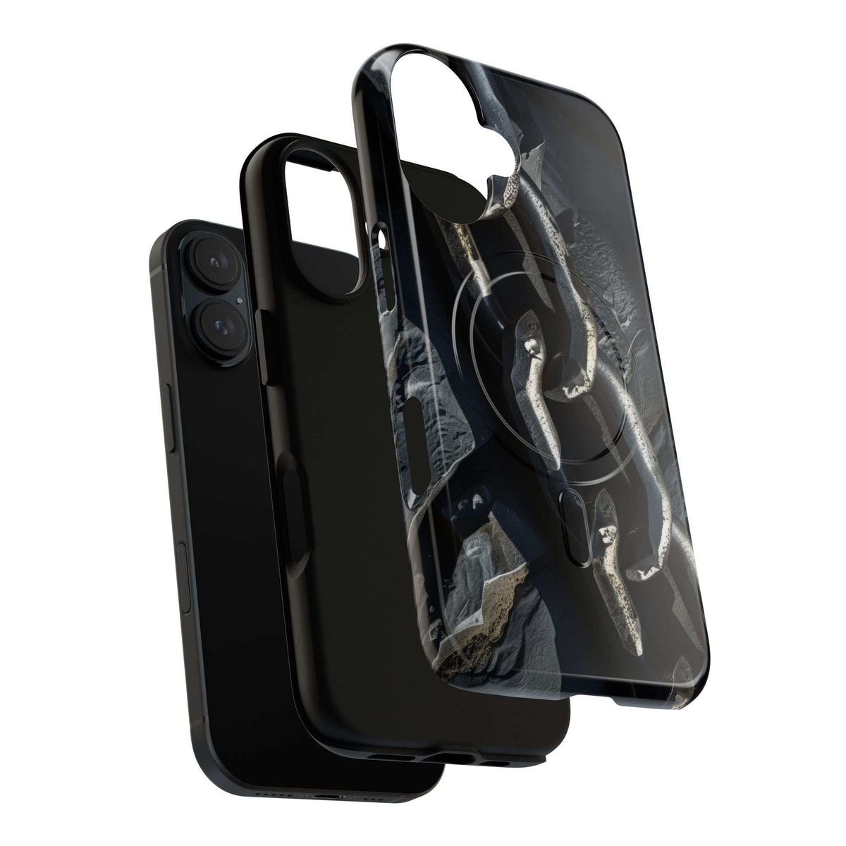 Black magnetic phone case with iron chain design and raised camera openings
